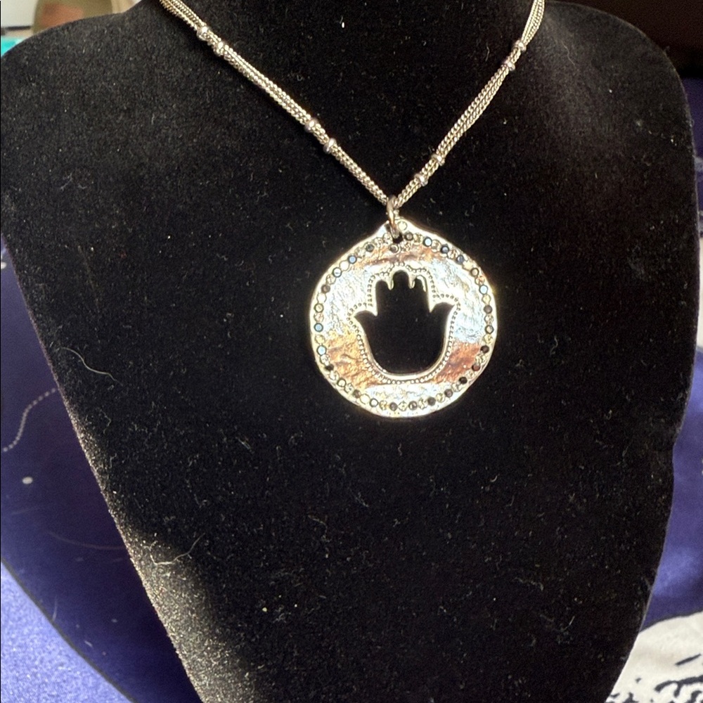 Hamsa Silver Pendant Necklace with black rhinestones